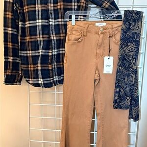 Denim & Flower flannel &  Forever 21 Tan Flare Jeans, finished with a scarf